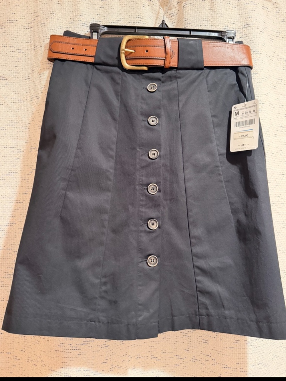 Zara Black Button-Front A-Line Skirt with Brown Belt